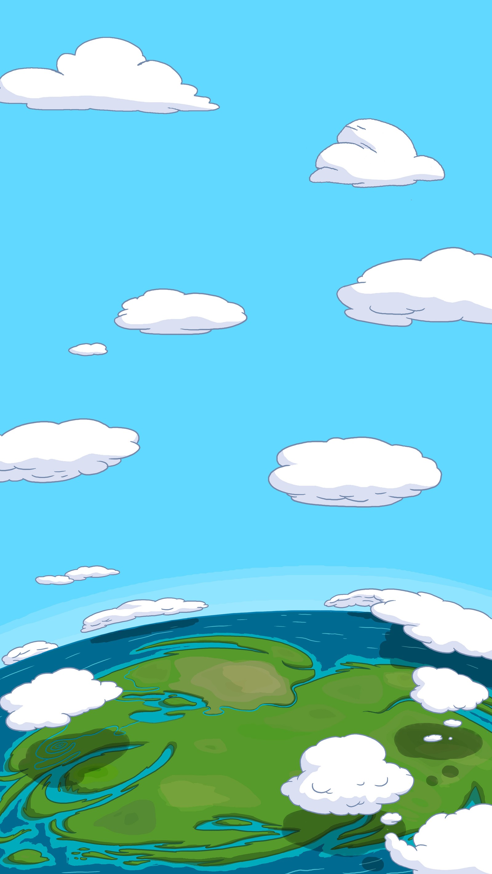 Cartoon illustration of a green planet with clouds and a blue sky (blue, cloud, cool, cute, earth)