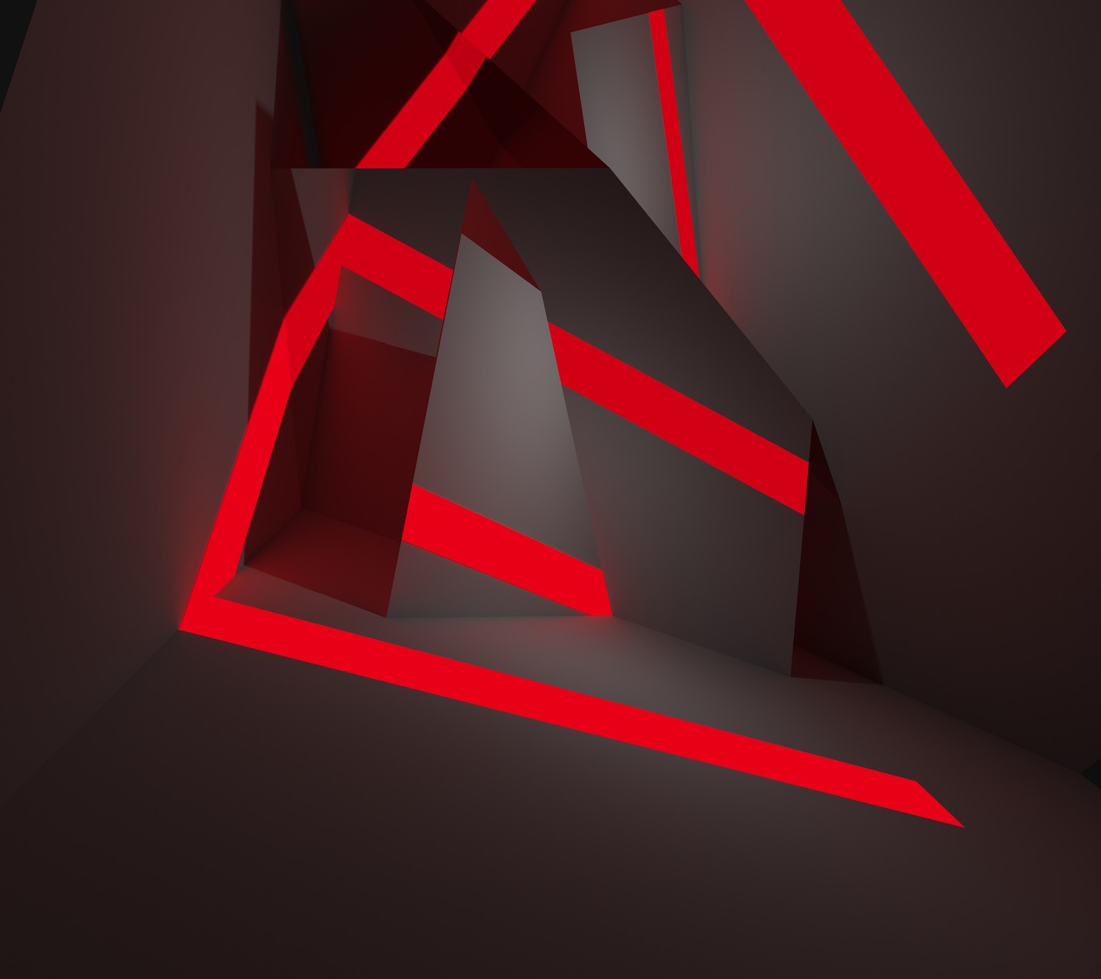 Um close de uma luz vermelha brilhando através de uma sala escura (3d, abstrato)