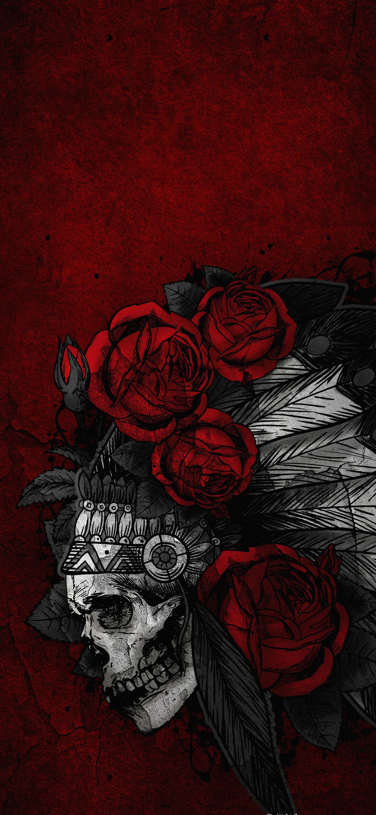 A close up of a skull with roses on a red background (visual arts, illustration, art, skull art, design)