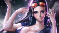 Nico Robin de One Piece dans une pose élégante, mettant en valeur son look signature avec des lunettes de soleil et des cheveux flottants.