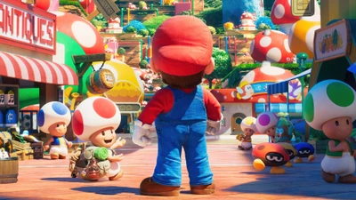 Bunte Szene aus dem Film Die Super Mario Bros mit Mario und Toads in einer lebhaften Stadt