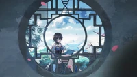 Ruan Mei from Honkai Star Rail in a serene landscape framed by an ornate window.