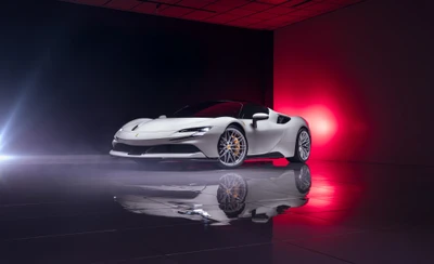 Eleganter Ferrari SF90 Stradale in einer dramatischen Studio-Umgebung mit reflektierendem Boden und auffälliger Beleuchtung.