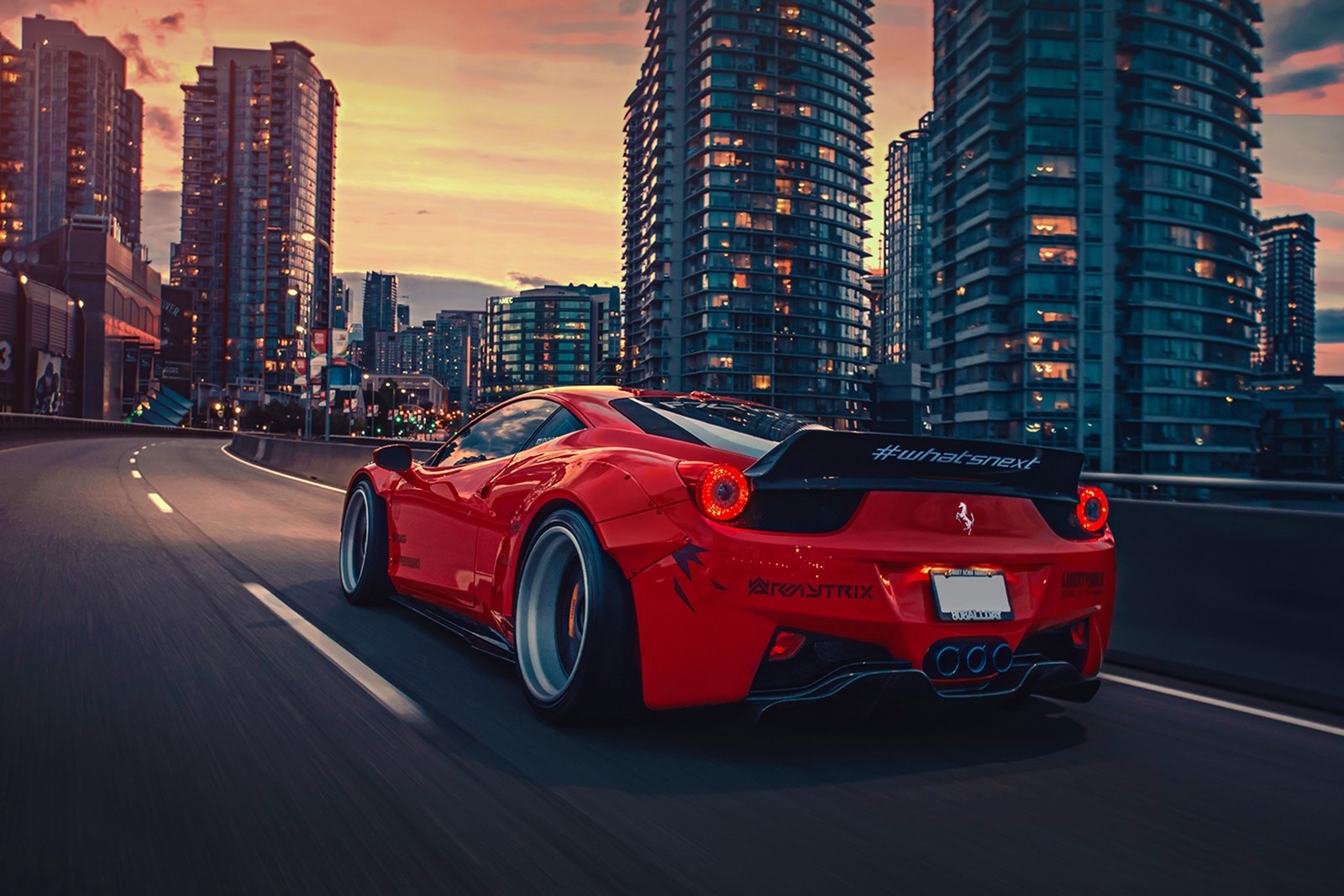 A close up of a red sports car driving on a city street (sports car, ferrari 458, laferrari, supercar, red)