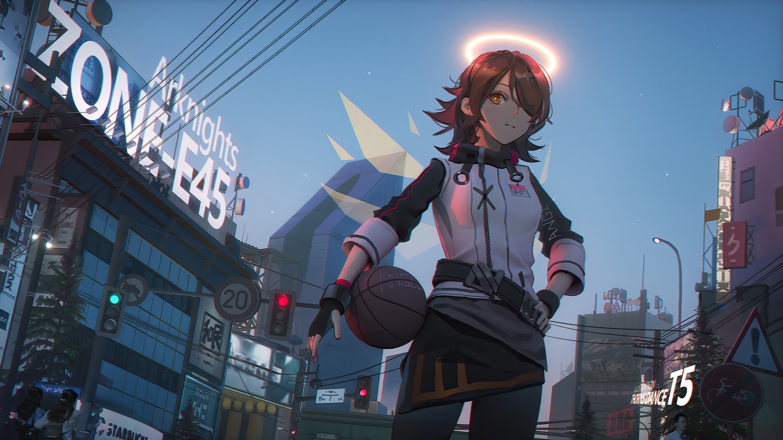 A close up of a person holding a basketball ball in a city (anime girls, arknights, video game, exusiai)