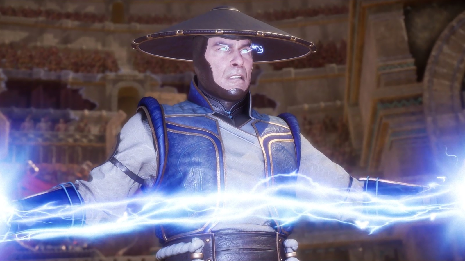 Un primer plano de una persona con un sombrero y un rayo (raiden, mortal kombat 11, videojuego)