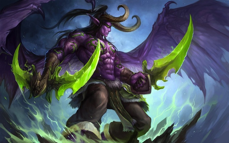 Мужчина с мечом и демоническим лицом на спине (иллидан ярость бури, illidan stormrage, world of warcraft легион, world of warcraft legion, дракон)