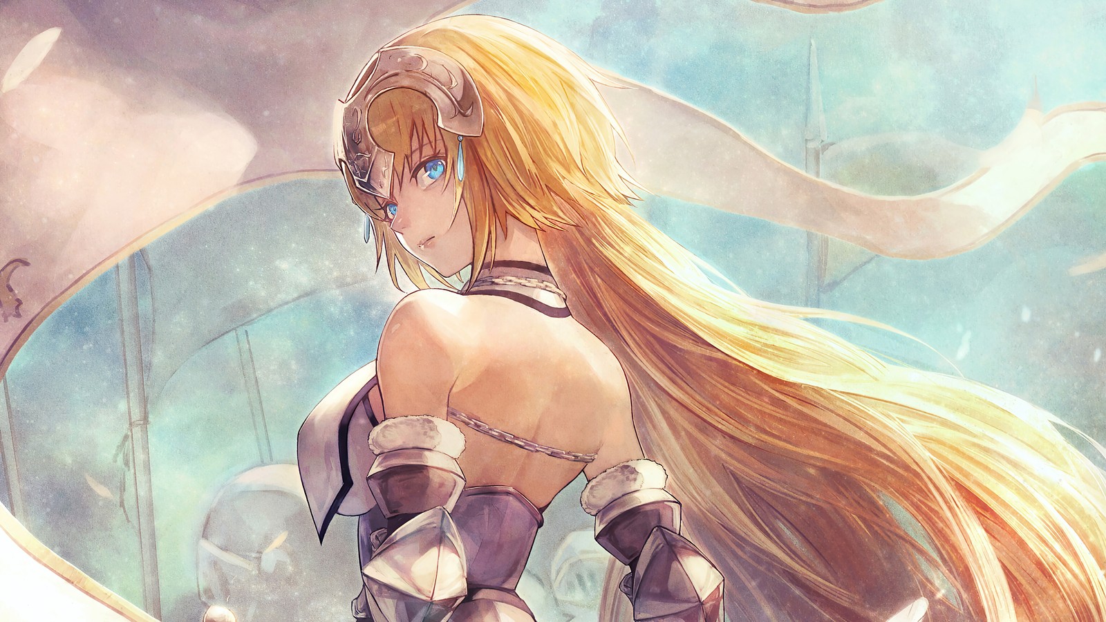 Anime, une femme aux longs cheveux blonds et une armure tenant une épée (jeanne darc, jeanne d arc, fategrand order, fate grand order, fgo)