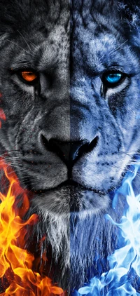 Striking Half-Light Lion Portrait: A Dynamic Fusion of Fire and Ice