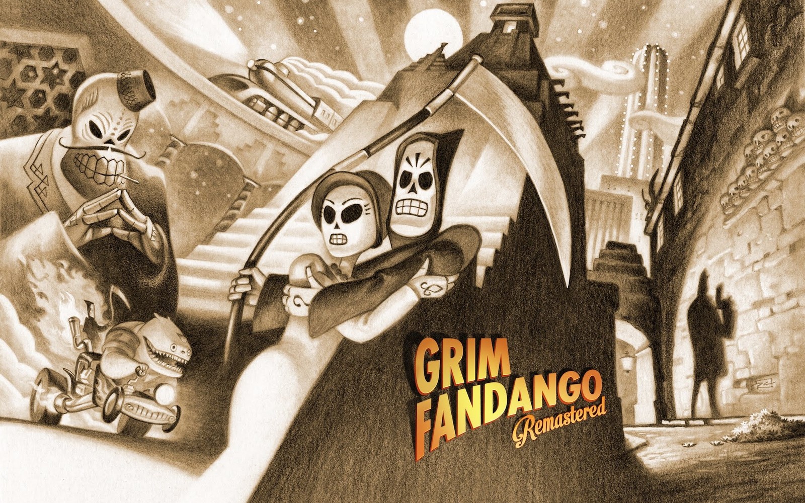 Lade grim fandango, abenteuerspiel, illustration, plakat, resident evil Hintergrund herunter