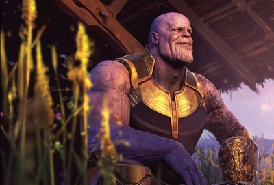 Thanos, der in einer ruhigen Landschaft nachdenkt - CGI-Kunstwerk aus Avengers: Infinity War