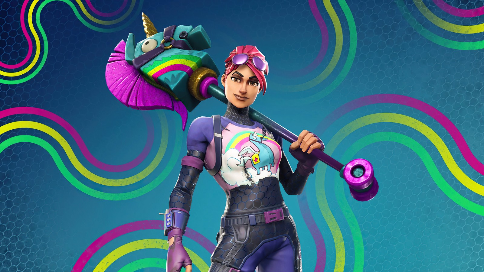 Una mujer en un atuendo morado sosteniendo un paraguas morado (fortnite, fortnite battle royale, videojuego, brite bomber)