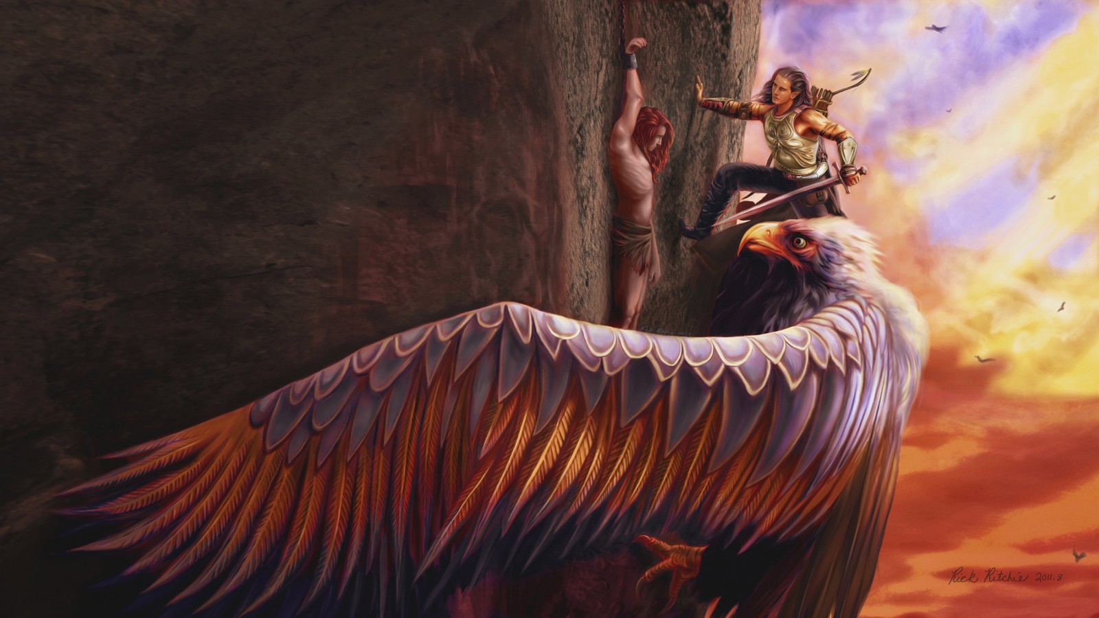 Painting of a woman on a large bird with a sword (the silmarillion, eagle, mythology, art, painting)