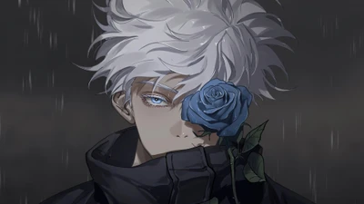 Satoru Gojo: Enigmatic Sorcerer with a Blue Rose in the Rain