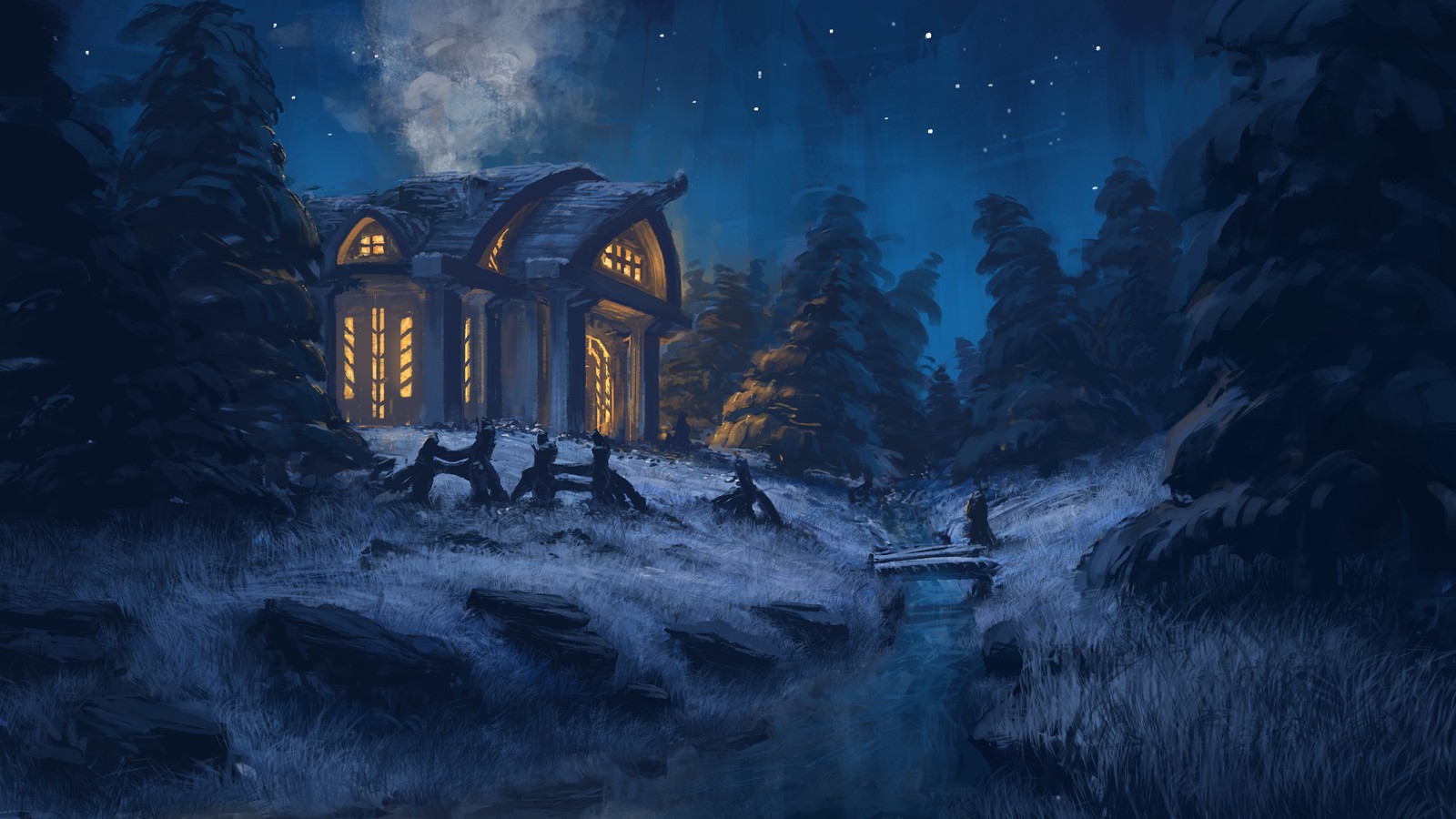 Uma pintura de uma cabana na floresta à noite com uma lua cheia (arte digital, pintura, arte, noite, luz do luar)