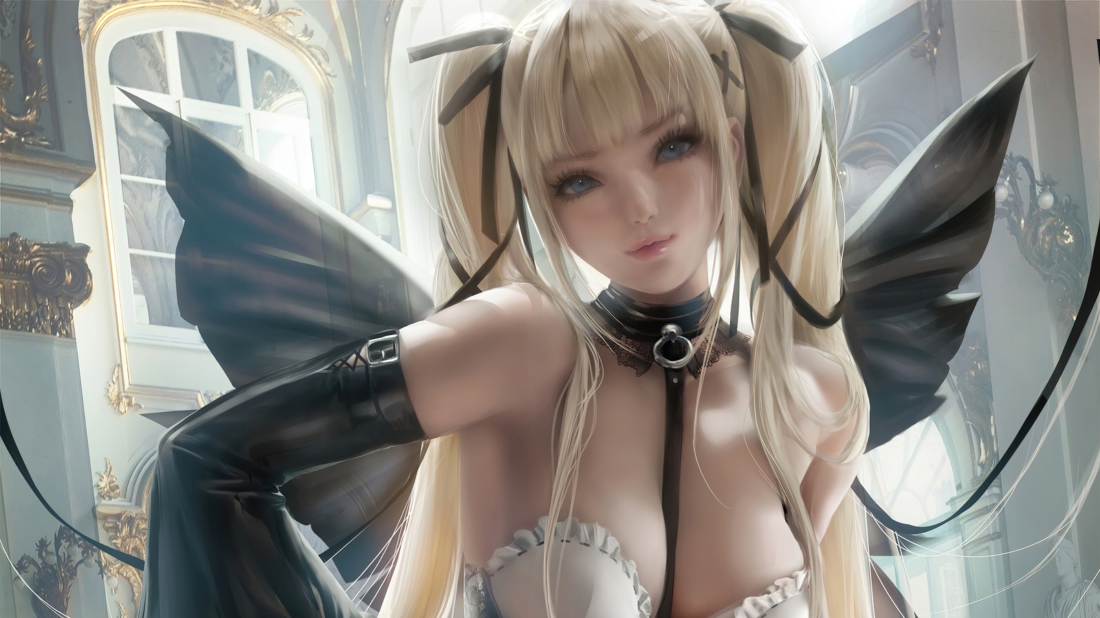 Un primer plano de una mujer en corsé con alas (marie rose, dead or alive, videojuego, anime, chicas)