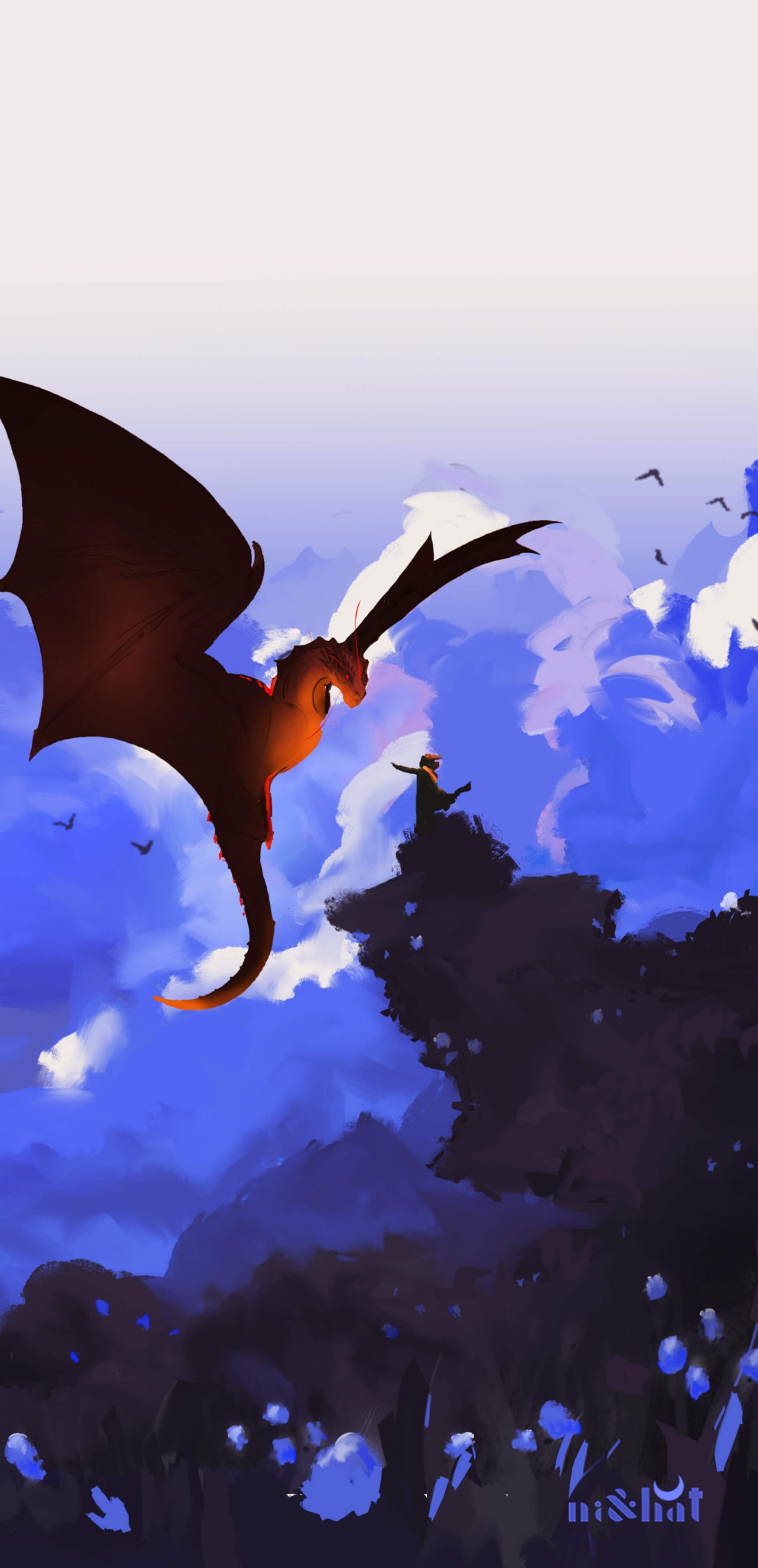 There is a dragon flying in the sky with a lot of clouds (bird, wing, art, seabird, beak)