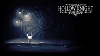 Una figura solitaria con una distintiva máscara hueca se encuentra bajo una farola, rodeada de paisajes oscuros y sombríos y un gran engranaje, encarnando la atmósfera etérea y misteriosa de "Hollow Knight".