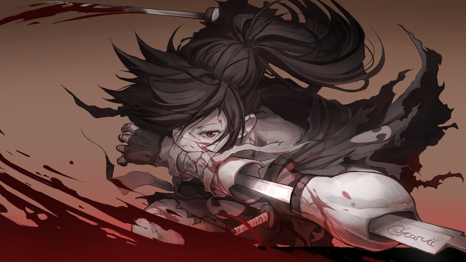 Un primer plano de una persona sosteniendo un cuchillo en la mano (hyakkimaru, dororo anime, anime)