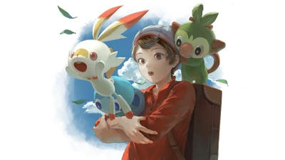 Un jeune dresseur de Pokémon tient Scorbunny, Grookey et Sobble devant un ciel vibrant.