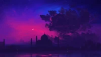 Violet Afterglow: A Minimalist Moonlit Skyline