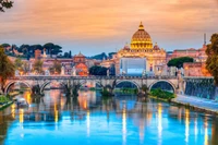 Evening Serenity: Ponte Sant'Angelo with Castel Sant'Angelo and St. Peter's Basilica Reflected in the Tiber River