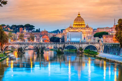 Serenidade da noite: Ponte Sant'Angelo com o Castelo de Sant'Angelo e a Basílica de São Pedro refletidos no rio Tibre