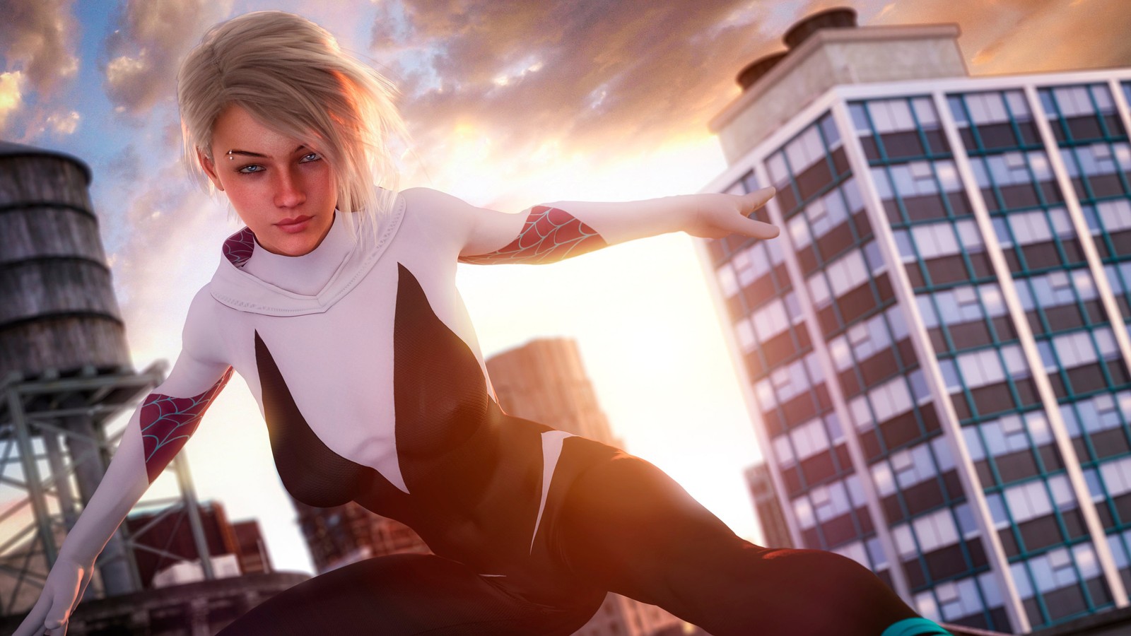 Женщина в костюме человека-паука стоит на выступе (гвен паук, spider gwen, человек паук через вселенные, spider man into the spider verse, фильм)