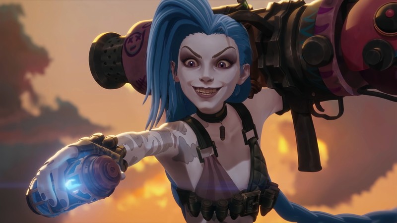 Женщина с синими волосами и синей парик держит свет (джинкс, jinx, lol, league of legends, legends of runeterra)