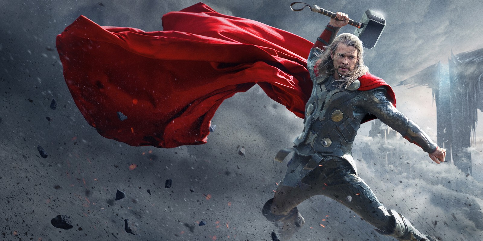 Thor volando por el aire con su martillo en la mano (chris hemsworth, thor el mundo oscuro, thor the dark world, superhéroe, loki)