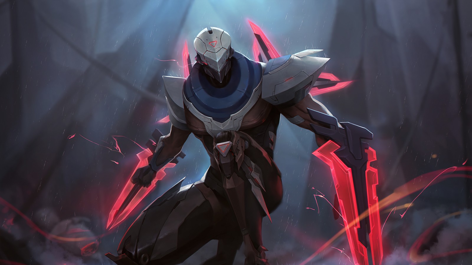 A close up of a person with a sword in a dark room (project, zed, lol, league of legends, video game)