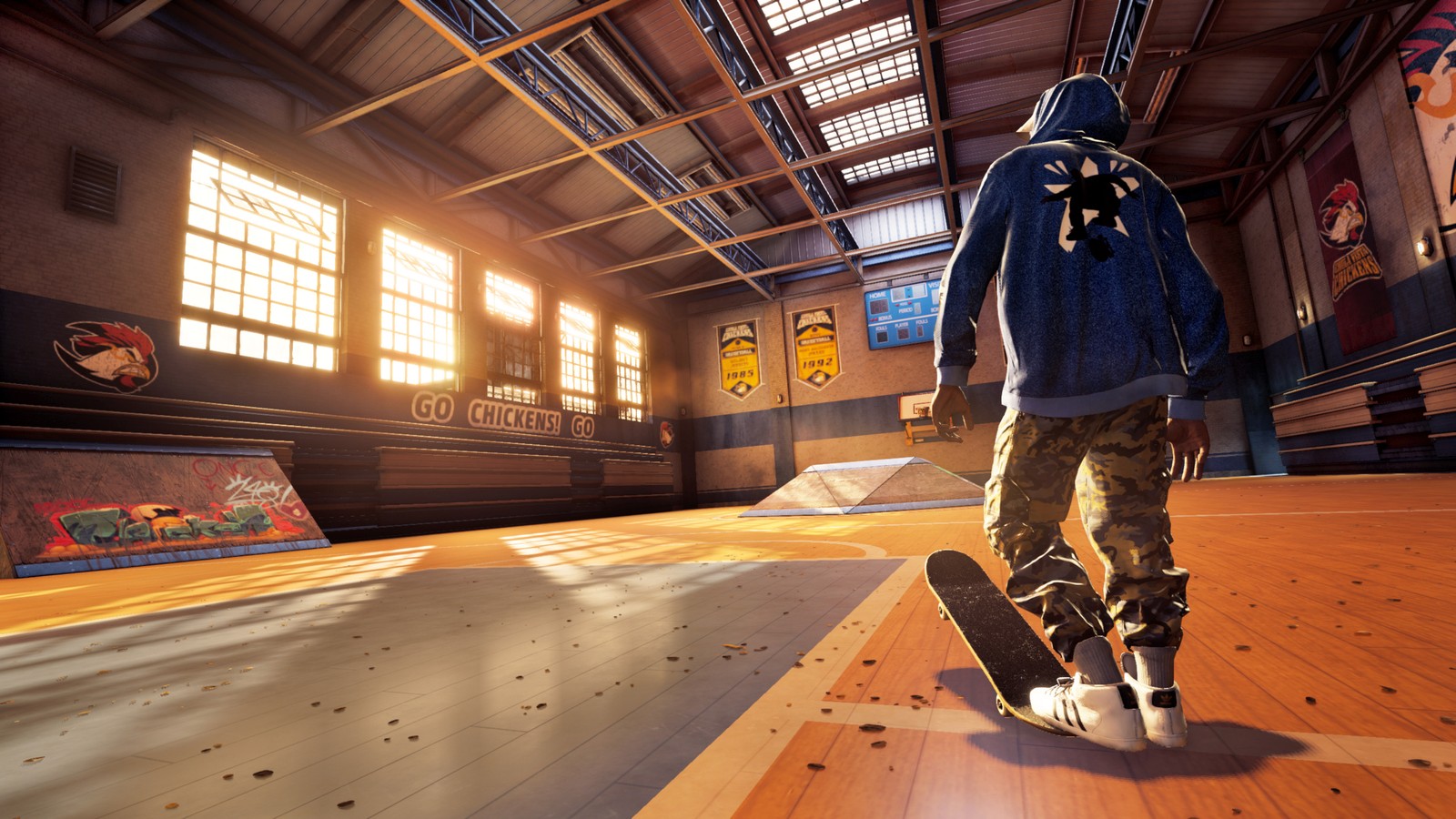 Arafed skateboarder in a blue hoodie is standing in a skate park (tony hawks pro skater 1 2, video game, skateboard, skateboarding)