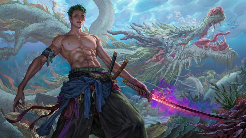 Мужчина с мечом стоит перед гигантским существом (ророноа зоро, roronoa zoro, катана, дракон, ван пис)