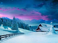 Serene Winterlandschaft mit schneebedeckten Bergen und einer gemütlichen Hütte