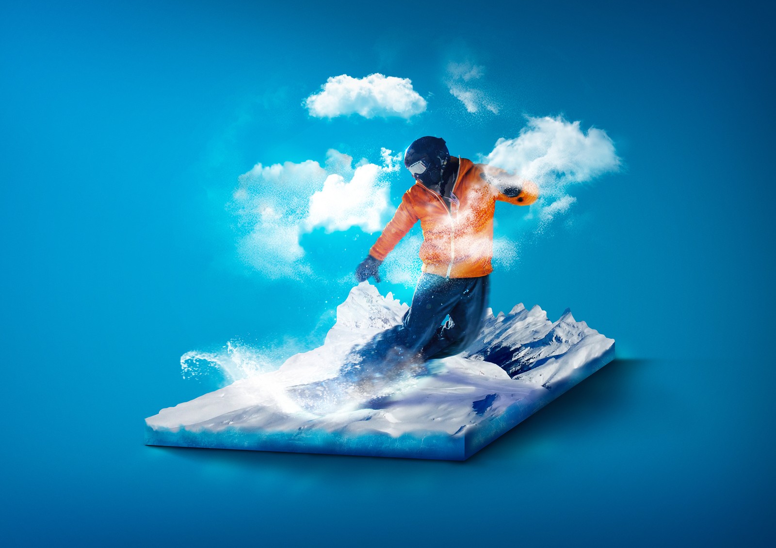 Imagem desfocada de um homem em uma prancha de snowboard surfando uma onda (snowboard, surrealista, fundo azul, esportes, papel de parede 4k)