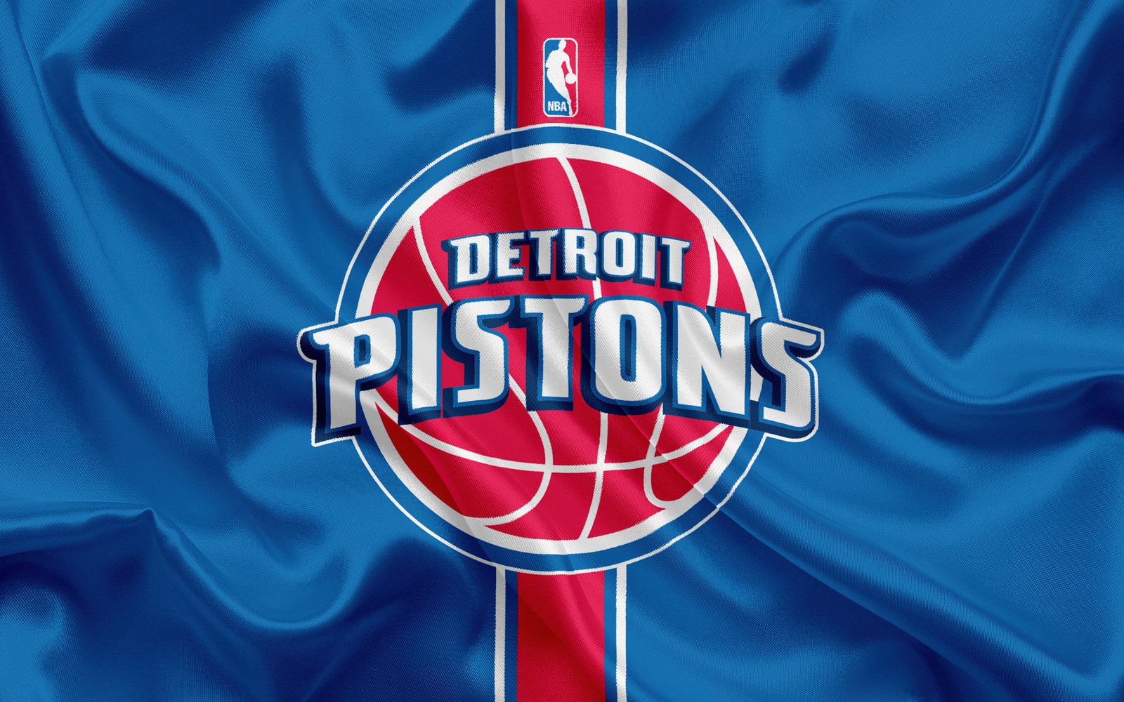 O logo do detroit pistons em um fundo de cetim azul (detroit pistons, 5k, nba, equipe de basquete, esportes)