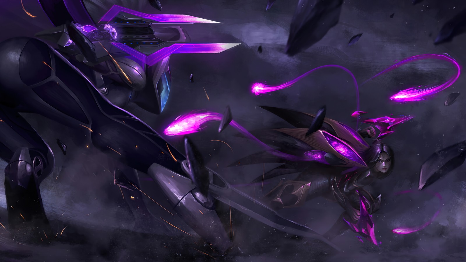 A close up of a person riding a horse with a purple light (kaisa, lol, league of legends, video game, art)