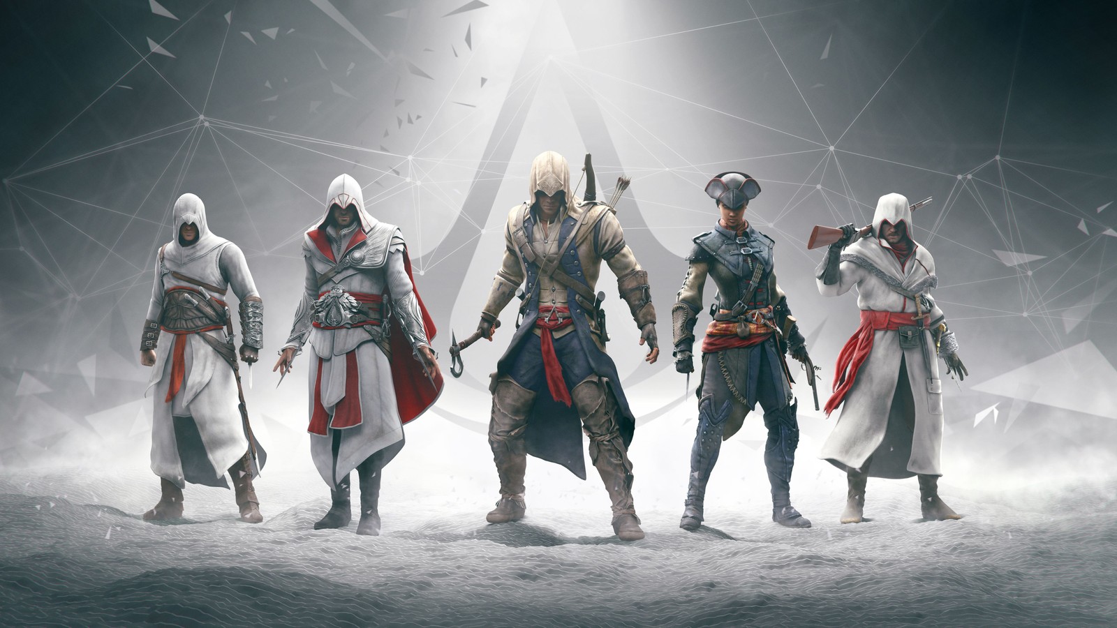 A group of men in white and red outfits standing in front of a pyramid (assassins creed, assassins creed iii, assassins creed brotherhood, assassins, action figure)