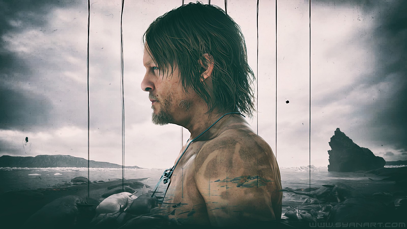 Hay un hombre con barba y un tatuaje en el pecho (death stranding, videojuego, sam porter bridges, norman reedus)