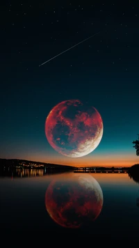 Celestial Reflections: A Vibrant Moon Over Tranquil Waters