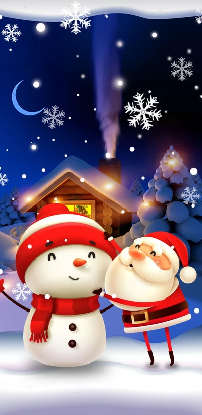 Cheerful snowman and Santa celebrating a festive Christmas night with a cozy cabin and falling snowflakes.