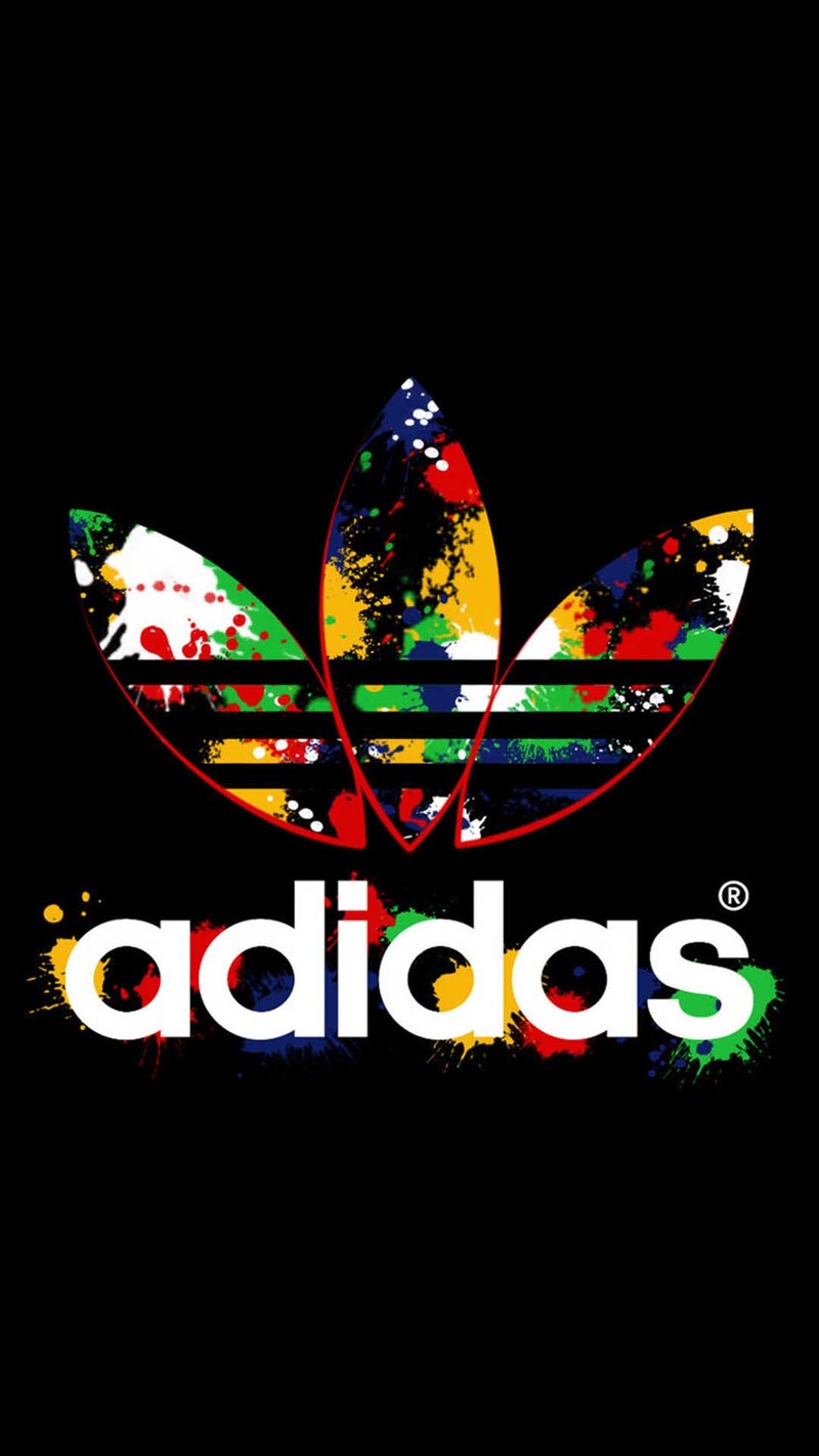 Логотип adidas на черном фоне с цветными брызгами краски (классика)