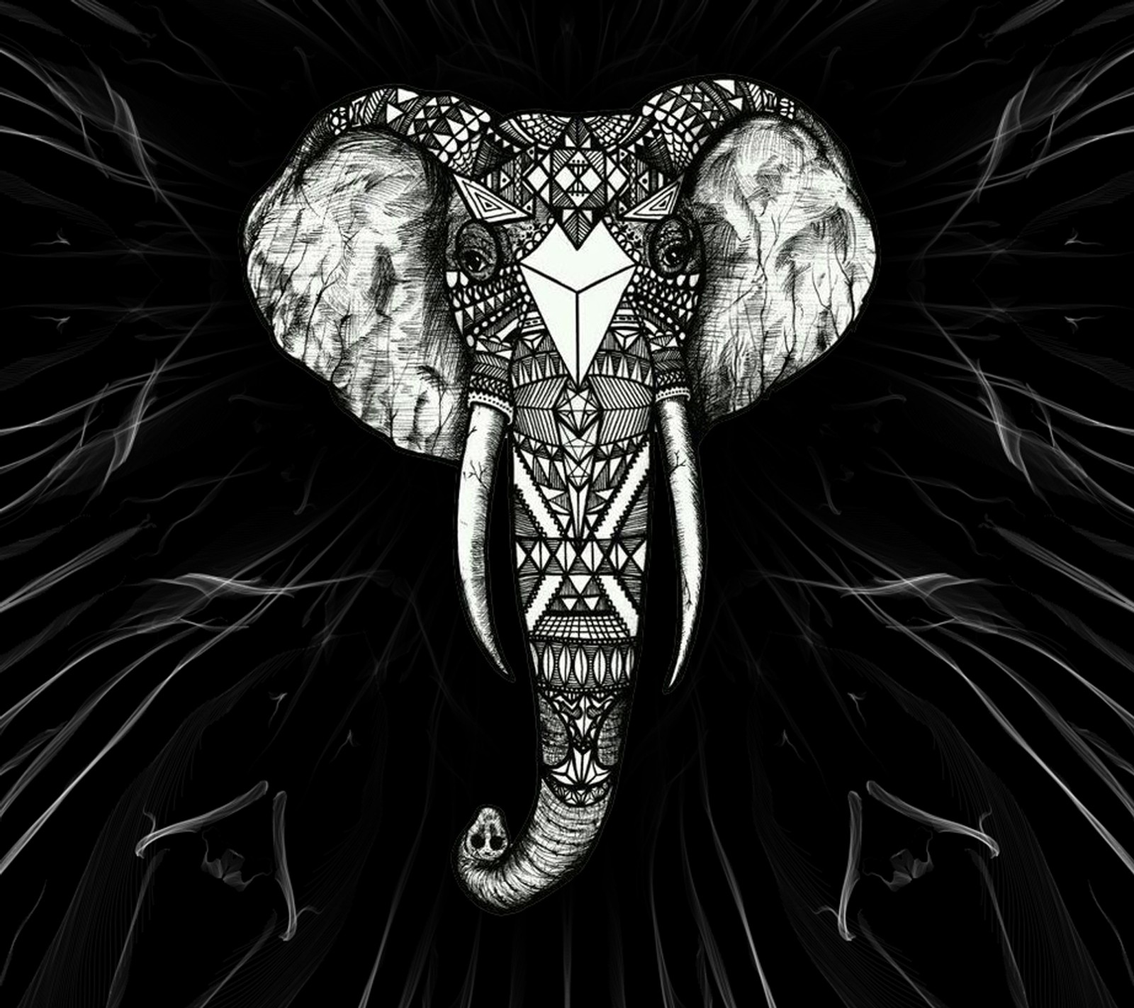 A close up of an elephant with a pattern on its head (art, black, elephant)