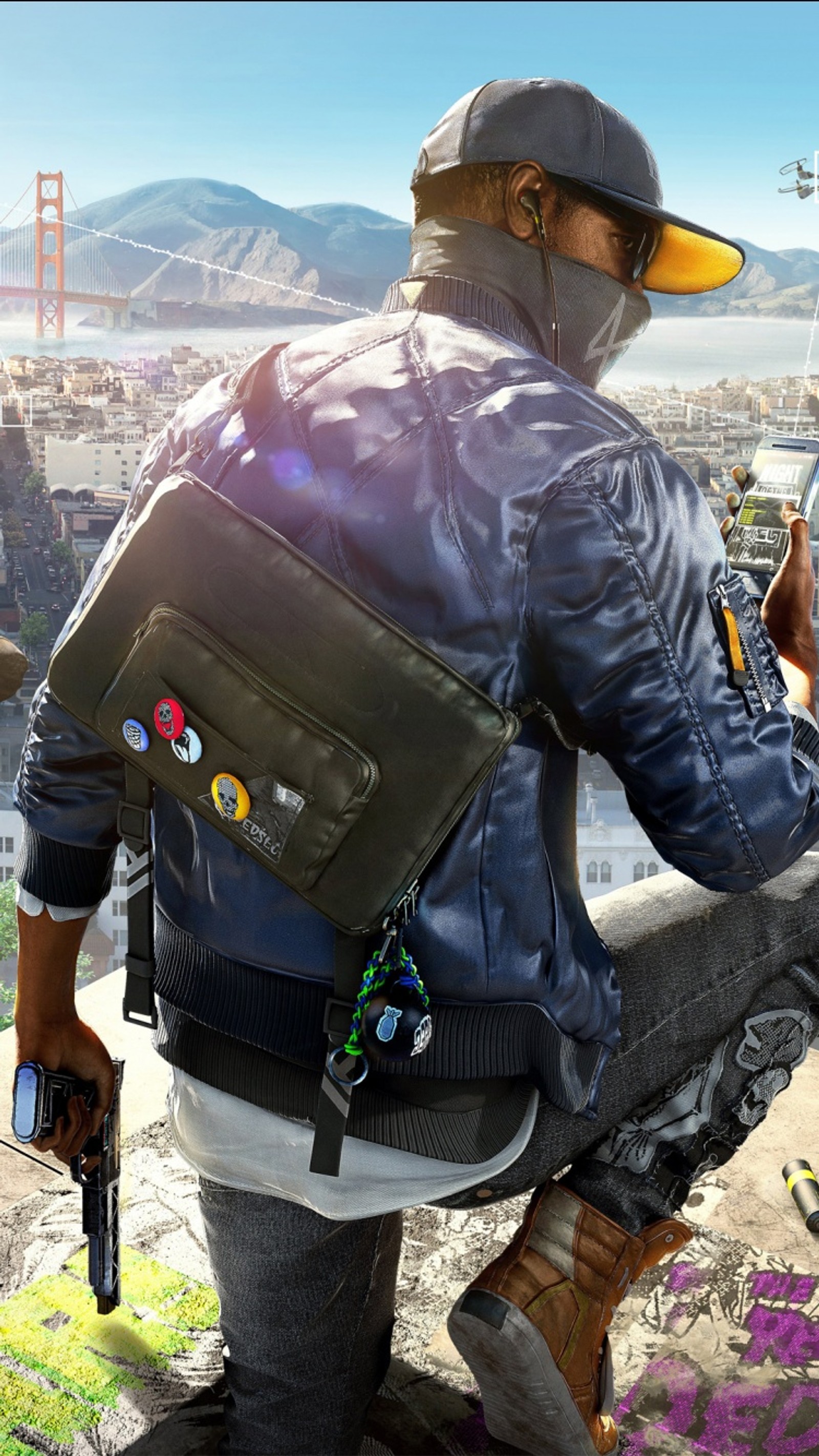 Arafed man with a gun and a backpack on a ledge (dogs 2, game, watch)