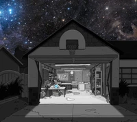 Fond d'écran de Rick et Morty dans le garage sous un ciel étoilé