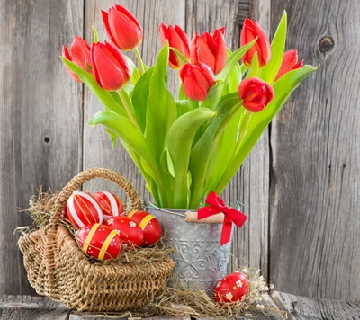 Tulipes rouges et œufs de Pâques colorés dans un panier rustique