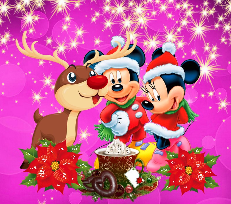 Обои с микки и мини маус на рождество (мультфильмы, дисней, disney, erry christmas, mickey mouse)