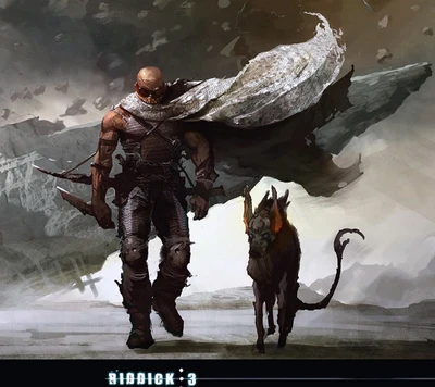 Riddick and His Fiery Companion in a Dark Sci-Fi Landscape