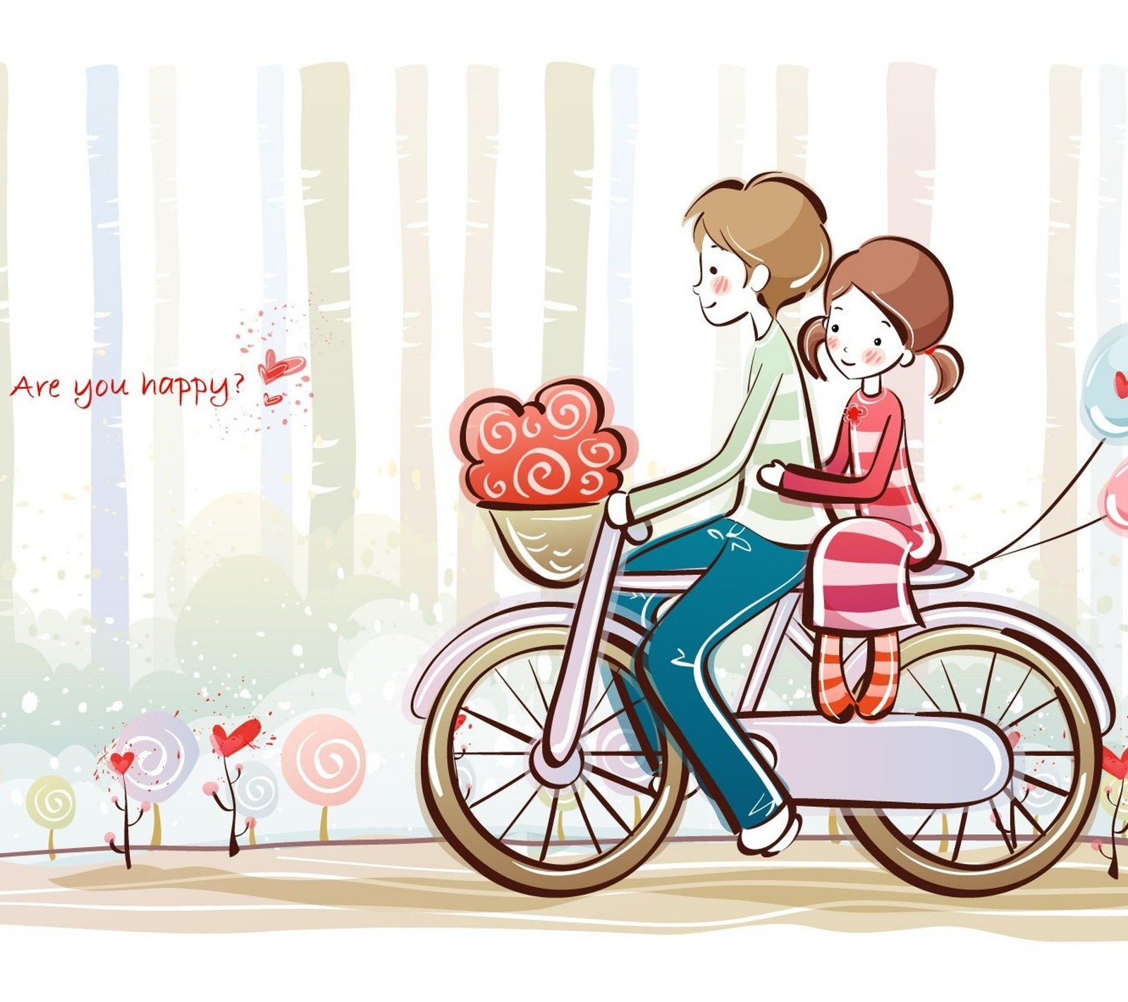 Un couple de dessin animé à vélo avec des ballons et un ballon en forme de cœur (couple, mignon, heureux, amour)