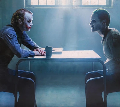 A tense face-off between two iconic characters, the Joker and another adversary, seated at a table in a dimly lit room.